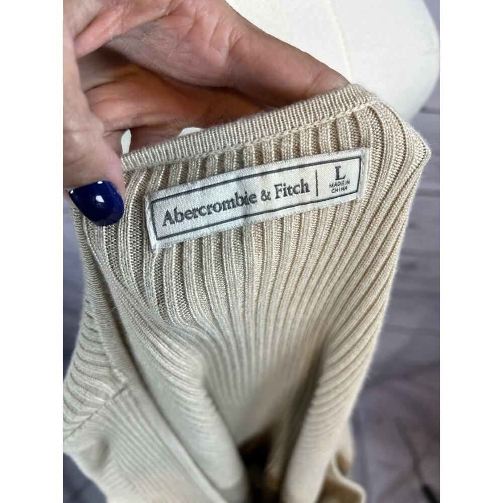 Abercrombie & Fitch Ribbed Knit Sweater L Beige Fitted Long Sleeve Soft Stretch - Picture 6 of 7